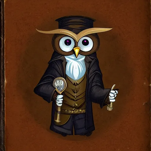 Prompt: portrait of an owlfolk wizard with a monocle, holding a spellbook