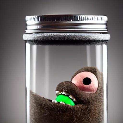 Prompt: Evil monster in a jar by Mike Francini, product photography, centered, studio lightning