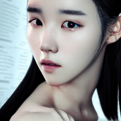 Image similar to portrait of IU aka Lee Ji-eun, seductive look, rule of thirds, smooth, sharp focus, James Jean pastiche by WLOP, octane render