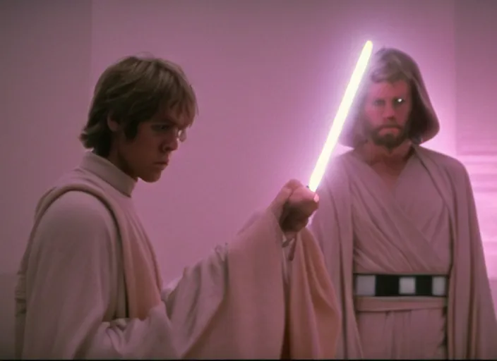 Prompt: screenshot of Luke skywalker uncovering the glowing ancient jedi texts. a pink hazy ethereal ancient Jedi cathedral, screenshot from the 1970s thriller directed by stanley kubrick, Photographed with Leica Summilux-M 24 mm lens, ISO 100, f/8, Portra 400, kodak film, anamorphic lenses