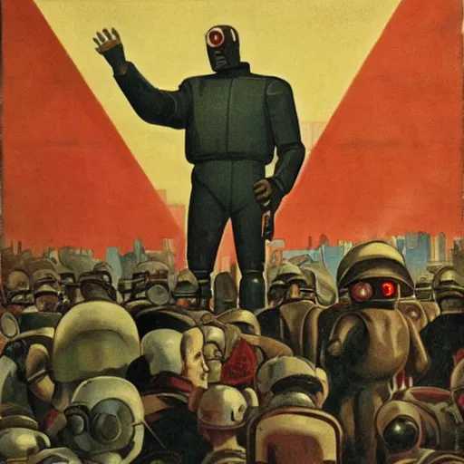 Prompt: robot revolutionary speaking to a crowd of ((robots)) amid the backdrop of a cyberpunk city in the socialist realist style of lenin speaking to the red army by isaac brodsky