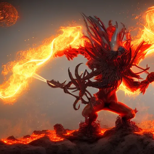 Image similar to fire wielding elemental being, character concept, hyper detailed, fractal, ray tracing, 4k