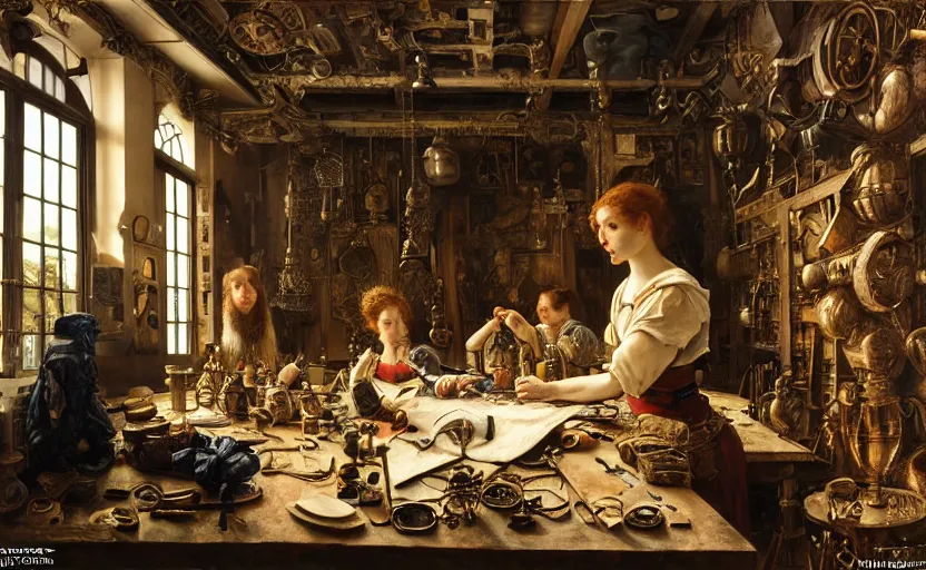 Image similar to the watchmaker's workshop, intricate, highly detailed, by edgar maxence and caravaggio and michael whelan and delacroix style, ambient lighting, photorealistic, extremely detailed, establishing shot, high resolution, dramatic lighting