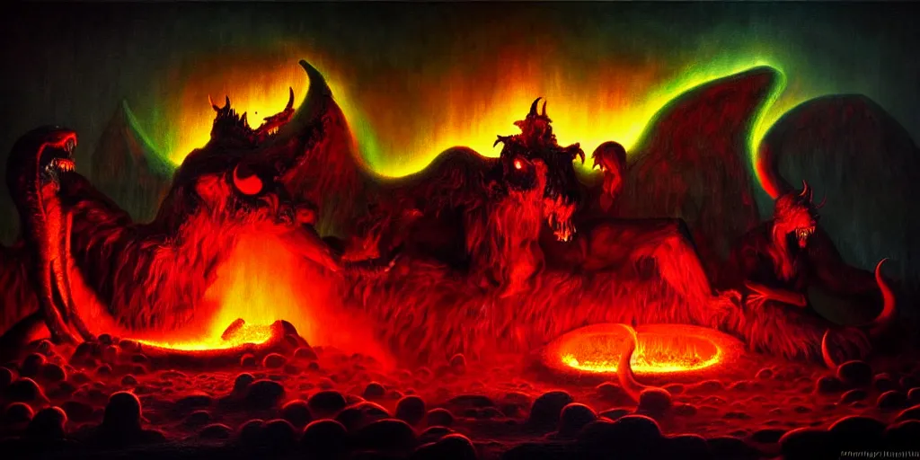 Image similar to mythical creatures and monsters at the mouth of hell, dramatic lighting glow from giant fire, in a dark surreal painting by ronny khalil