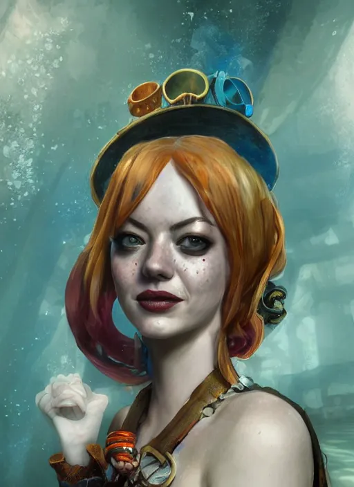 Image similar to underwater steampunk portrait of emma stone as harley quinn, hyper detailed, digital art, cinematic lighting, studio quality, smooth render, octane rendered, art style by klimt and nixeu and ian sprigger and krenz cushart.