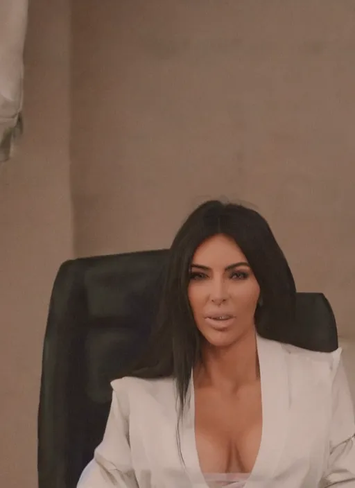 Image similar to a film still of kim kardashian binded to a chair, mouth taped, hands cuffed, outfit : jeans and white vest