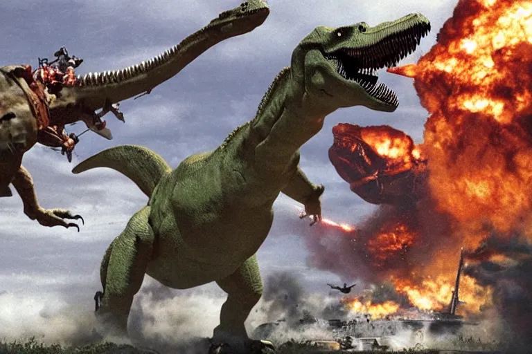 Image similar to the us military attacking an enormous dinosaur, dramatic angle