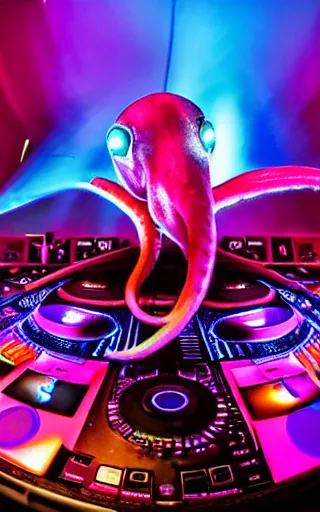 Image similar to award winning photo of an octopus! as a dj with tentacles! simultaneously placed turntables cdjs and knobs of a pioneer dj mixer. sharp, blue and fuschia colorful lighting, in front of a large crowd, studio, medium format, 8 k detail, volumetric lighting, wide angle, at an outdoor psytrance festival main stage at night