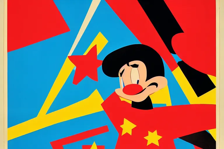 Prompt: A soviet poster for Communist Disney World park, Russian suprematism, bright colors, angry energy, poster art, 2D flat