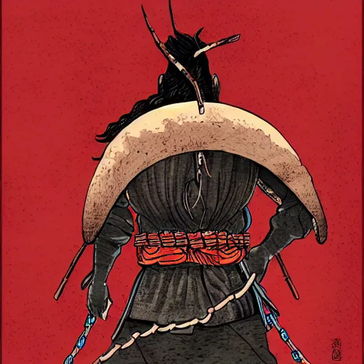 Image similar to a portrait from behind of a samurai man vagabond with a moon behind him, the samurai is wrapped in chains, detailed, illustration, concept art, ink style, sketch