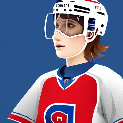 Prompt: portrait from Life is Strange, Female Ice Hockey Player, Habs fantasy, intricate, elegant, red blue white colorway, ice rink mist, highly detailed, digital painting, trending on artstation, concept art, smooth, sharp focus, illustration, art by james gilleard, beeple, artgerm and greg rutkowski and alphonse mucha, unreal engine, 4k, 8k