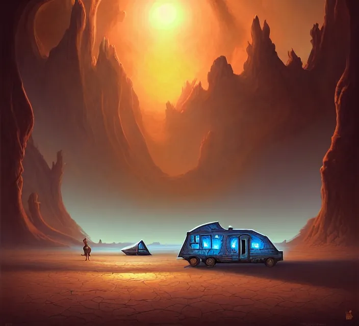 Image similar to subsurface scattering, a desert caravan rests at an azure watery oasis, the art of athas and dark sun, brom's dark sun art on a 7 0's style fantasy novel cover, digital painting by brom, amazingly detailed d & d art, concept art, intricate details, beautiful, volumetric lighting, ultrarealistic, cgsociety, artstation