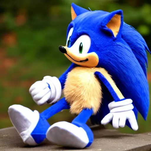 Image similar to plush doll of sonic the hedgehog sitting in vancouver during the morning, 8 k, cute, looks soft, high quality, hd resolution