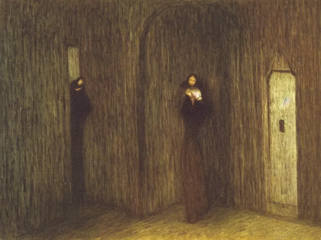 Prompt: this girl was struggling with the doors in a haunted house so the ghost came to the rescue. painting by henri moret, arnold bocklin, hammershoi