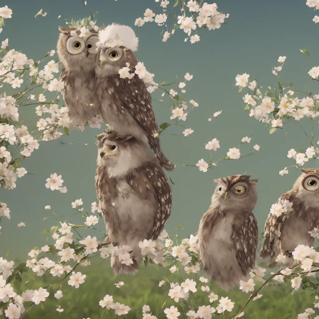 Image similar to film still of happy content cute owls wearing flowers and hats, in a field of delicate dainty blossoms, makoto shinkai, cinematic lighting, volumetric lighting, sunny, highly detailed, hand drawn, intricate, illuminated, 8k