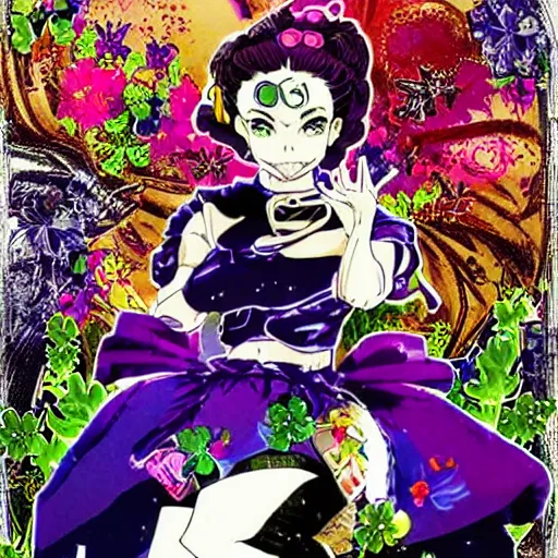 Image similar to a jojo's bizarre adventure manga artstyle colorful sketch : Jolyne Cujoh, smiling with her mouth shut, not looking at the camera, with a saint aureola, black and white, wearing a veil, shamrocks and lilies in the background by by hirohiko araki shonen jump, crisp details, realistic, featured on Artscape