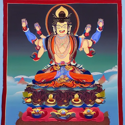 Image similar to thangka painting depicting vajrabhairava, hyperrealistic, highly detailed, trending on artstation