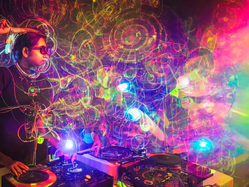 Image similar to an indian woman wearing goggles and visor and headphones using a retro record player contraption, hologram, turntablism dj scratching, screens, smoky atmosphere, intricate planetary gears, cinematic, imax, sharp focus, leds, bokeh, iridescent, black light, fog machine, hazy, lasers, hyper color digital art