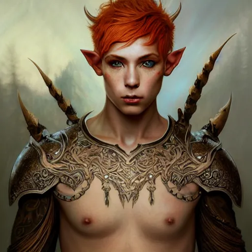 Image similar to portrait painting of an elven male teen with short light orange hair and tribal tattoos on his face wearing fur armor, ultra realistic, concept art, intricate details, eerie, highly detailed, photorealistic, octane render, 8 k, unreal engine. art by artgerm and greg rutkowski and charlie bowater and magali villeneuve and alphonse mucha