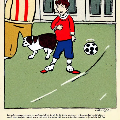 Image similar to illustration of french boy on the streets of paris playing football against a corgi, the dog is wearing a polka dot scarf, comic, 1 9 6 2