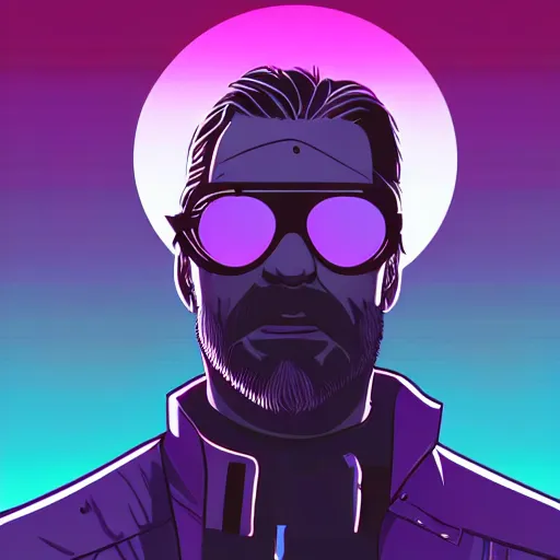 Image similar to 3 / 4 view closeup portrait of geralt of rivia with light blue shutter shades in front of a sunset, a dark purple leather jacket, vector art by jan tengnagel, pixabay contest winner, retrofuturism, retrowave, synthwave, outrun, portrait, synthwave