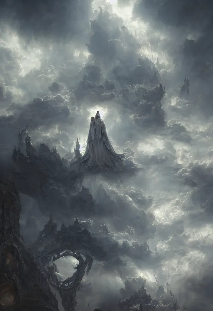 Prompt: The gate to the eternal kingdom of futuristic Heaven, seraphim in the clouds, holy rays, highly detailed, fantasy, digital art, HD, detailed, illustrated by Greg Rutkowski and Gaston Bussiere, 35mm lens, beautiful macro close-up imagery, moody lighting, beautiful volumetric-lighting-style atmosphere