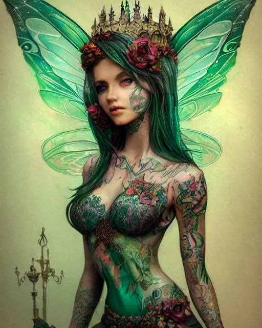 Prompt: a close - up of beautiful tattooed fairy in front of the disney castle, hyper realistic face, green eyes, fantasy art, in the style of greg rutkowski, illustration, epic, fantasy, intricate, hyper detailed, artstation, concept art, smooth, sharp focus, vibrant