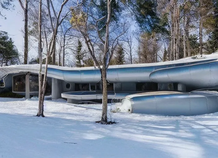 Prompt: zillow listing of a retro futuristic science fiction home for sale on a weird ice planet