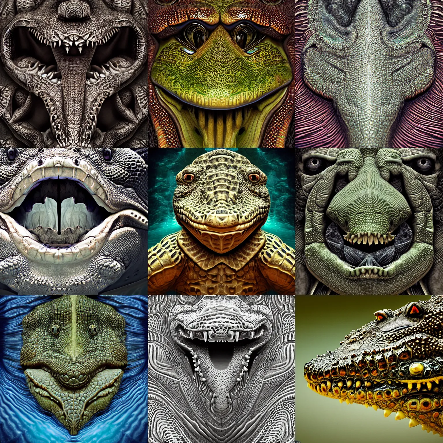 Prompt: symmetric! portrait of a anthropomorphic crocodile, fractal textured skin, piercings, intricate detailed, background waves aquatic, luminescent digital art by paul barson and artgerm, 8 k hdr