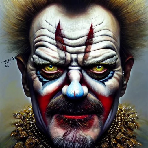 Prompt: photorealistic portrait of evil looking bryan cranston wearing intricate shao khan costume, bizarre voodoo makeup, clown makeup, by amano, karol bak, greg rutkowski, and akira toriyama, tonalism, intricate detail, hyperrealistic, award winning, concept art, artgerm, masterpiece.