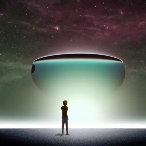 Image similar to a tiny person standing on a black surface looking at a huge eye at the horizon