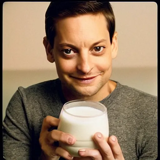 Prompt: “Tobey Maguire with a milk mustache posing with a cold glass of milk for a milk advertisement”