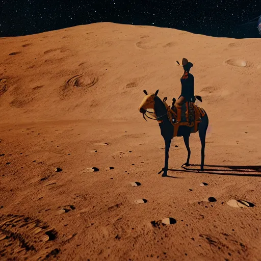 Image similar to cowboy on the moon, standing pose, planet earth background, photorealistic, octane render, blender render, unreal engine