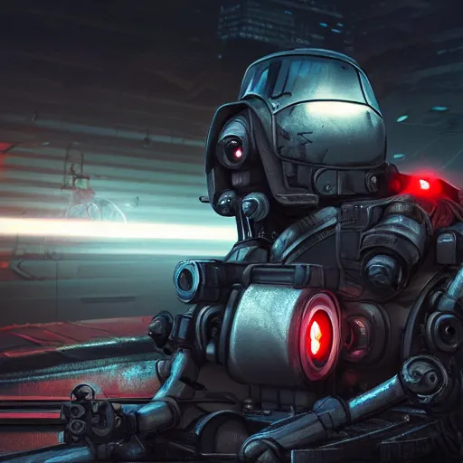 Image similar to panorama industrial military mech cyborg on a sci-fi military style motocycle, wearing bullet-riddled armor, glowing red eyes, wearing brutalist art deco industrial cyberpunk alley, dynamic dramatic dark moody lighting,shadows,cinematic atmosphere,Artstation, hyperrealistic 3D digital art,Octane render,8K 4K UHD image