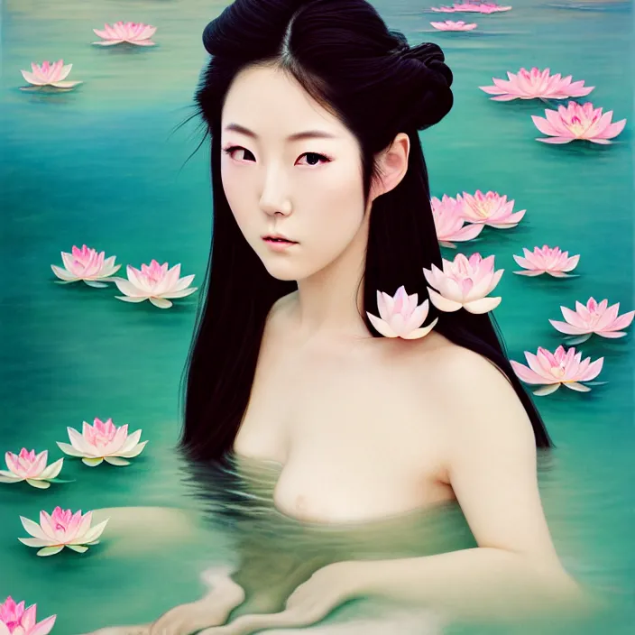 Image similar to Kodak Portra 400, 8K, soft light, volumetric lighting, highly detailed, Rena Nounen style 3/4 ,portrait photo of a Japanese ravishing Goddess how WLOP painter, the face emerges from the water of Pamukkale with lotus flowers, inspired by Ophelia paint , a beautiful chic dress and hair are intricate with highly detailed realistic beautiful flowers , Realistic, Refined, Highly Detailed, ethereal lighting colors scheme, outdoor fine art photography, Hyper realistic, photo realistic