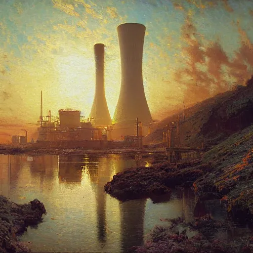 Prompt: detailed cinematic wide shot of giant world nuclear power plant, ultra realistic, spring light, painting by gaston bussiere, craig mullins, j. c. leyendecker