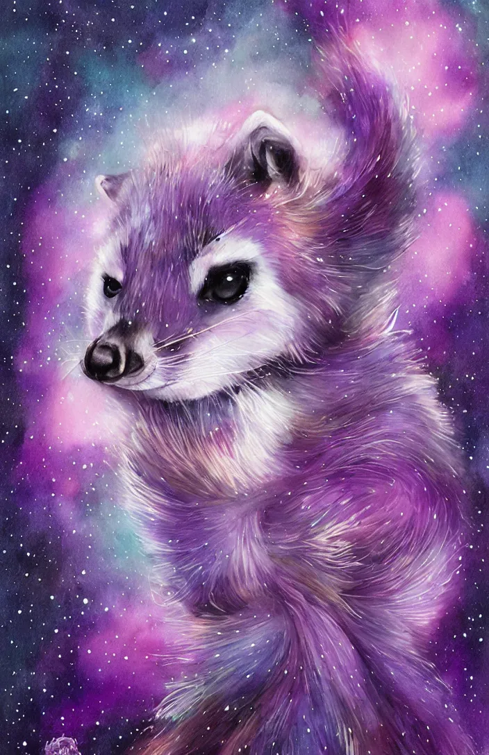 Image similar to purple raccoon in the stars in the style of Anna Dittman