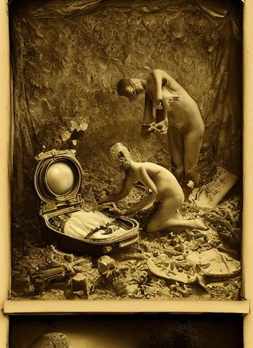 Image similar to old wetplate daguerreotype birth of artificial baby futuristic life, fractal, intricate, elegant, highly detailed, parallax, leica, medium format, subsurface scattering, by jheronimus bosch and greg rutkowski and louis jacques mande daguerre