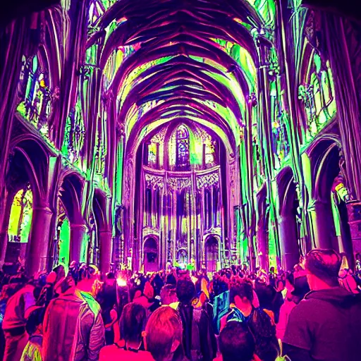 Image similar to “ a crowd of cyborgs praying to a bio - mechanical eldritch god inside a cathedral, futuristic, gothic, cyberpunk, lovecraftian, neon colors, geometric patterns, expressionist ”