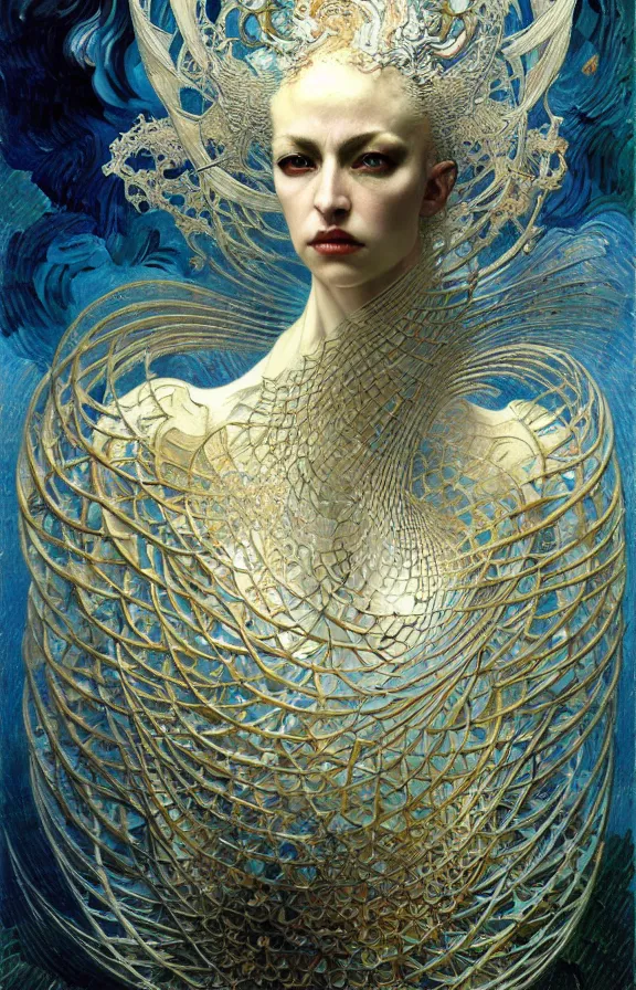 Prompt: divine chaos engine by karol bak and ruan jia and vincent van gogh, iris van herpen visionary dreams, symbolism, james jean spiral clouds, imagination, daydreams and nightmares, otherworldly, ethereal, fractal lace, gorgeous gothic organic filigree