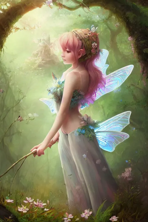 Image similar to a cute and geogerous fairy in the dreamy forest, fantasy, dreamlike, 8 k resolution, hyper detailed, d & d, character design, digital painting, trending on artstation, sharp focus, illustration, art by viktoria gavrilenko, hoang lap, fuji choko, steve zheng,