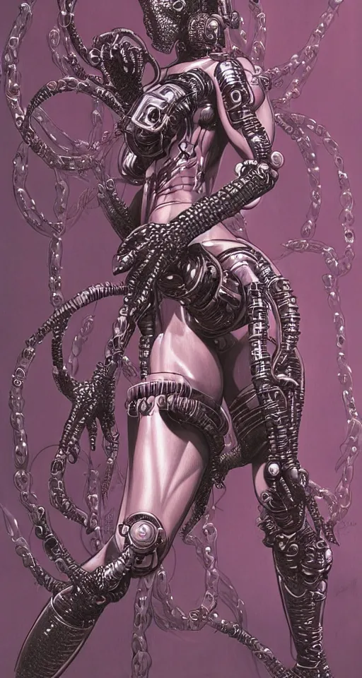 Image similar to Cthulhu cyberpunk woman, robotic, trending on artstation, by Hajime Sorayama and Boris Vallejo