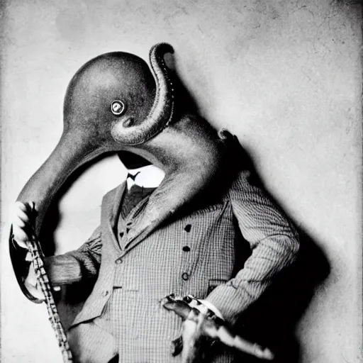 Prompt: octopus in a suit playing delta blues, 1 9 2 0 s, photograph