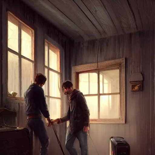 Image similar to a guy is leaving is home with luggage and sad angry mood, his wife is kissing another man under the porch of the house, highly detailed,, artstation hd, deviantart, by madgwick,, greg rutkowski, artgerm