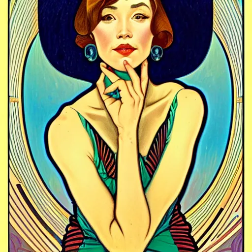 Image similar to a streamline moderne painting in the style of donato giancola, and in the style of audrey kawasaki, and in the style of alphonse mucha. symmetry, smooth, sharp focus, semi - realism, intricate detail.