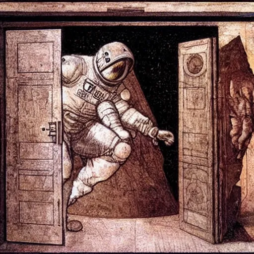 Image similar to photo - realism, space astronaut opening door that shows space and time created by leonardo davinci with extra detail, epic.