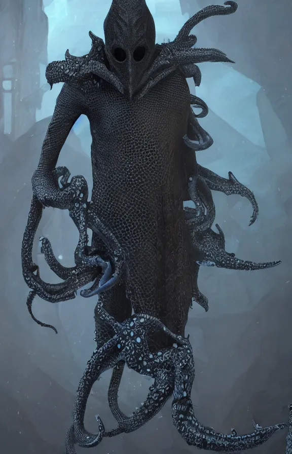 Prompt: detailed hypperrealistic artstation render, full body front view of a scaly black cloaked man, wearing a metallic blue squid mask. he holds in his clawed hands horizontally a large knights steel greatsword, in addition tentacles emerge from his back like wings