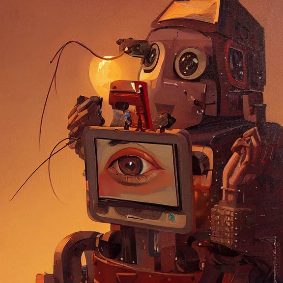 Prompt: robot artist painting a self - portrait on a canvas. intricate, highly detailed, photorealistic, digital matte painting, in the style of alexandros pyromallis, and in the style of sachin teng, and in the style of hans thoma, and in the style of gil elvgren. irony, recursion, golden hour.