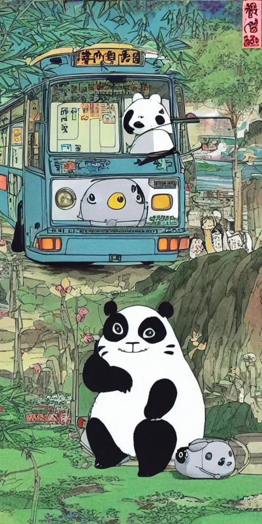 Image similar to a panda bus in japan like totoro, 1990s anime, full color, tarot card the chariot, highly detailed ,