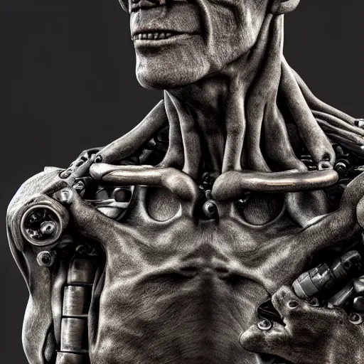 Image similar to a frankenstein monster made out of mechanical parts, 8 k, shallow depth of field, 8 k, ultra high detail, concept art,